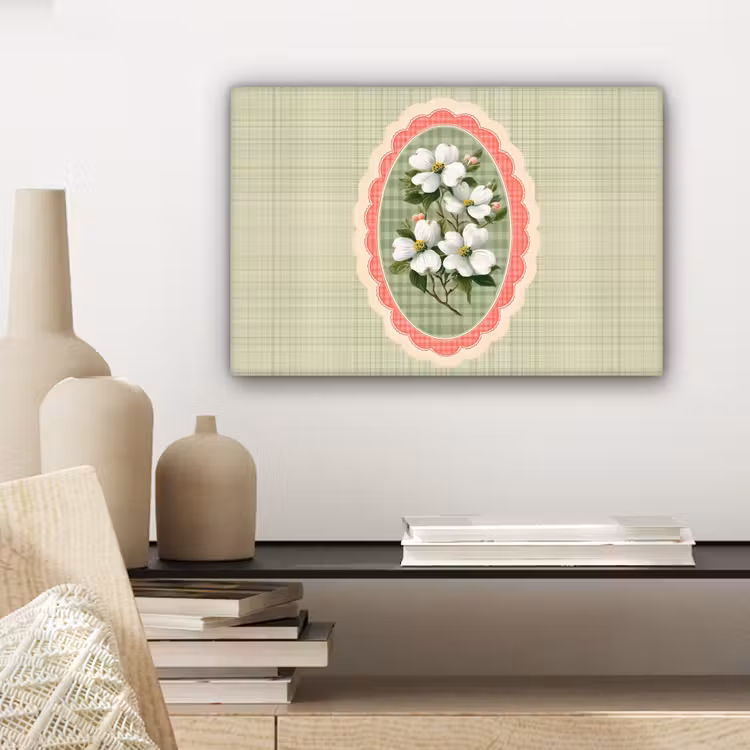 Bloemen - Illustratie - Geruit - Groen canvas 2cm klein -sfeer6