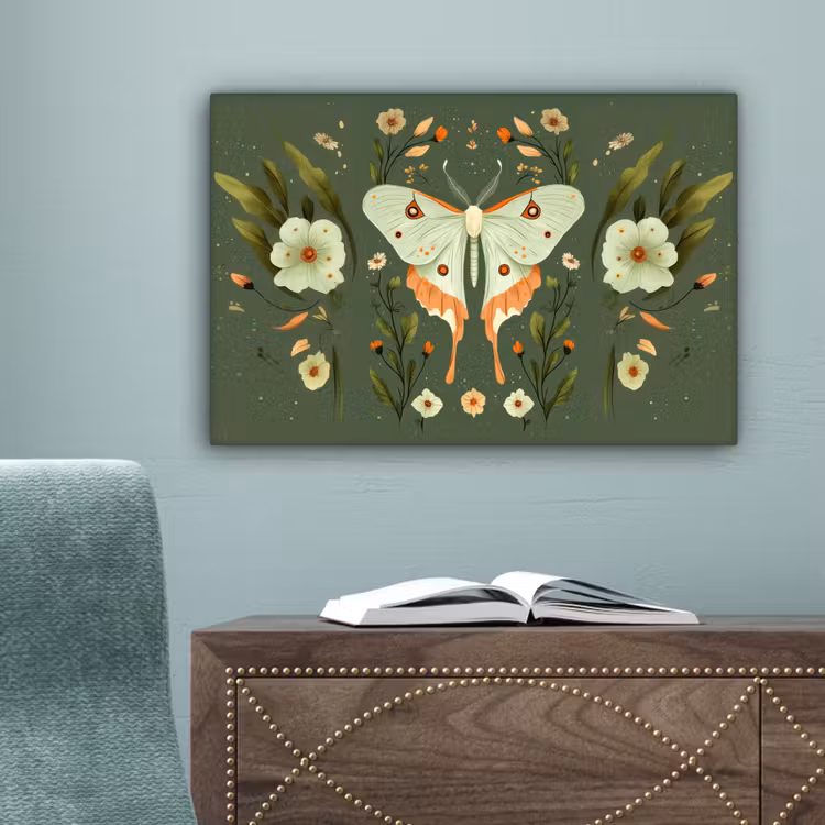 Bloemen - Bladeren - Olijfgroen - Vlinder canvas 2cm klein -sfeer4