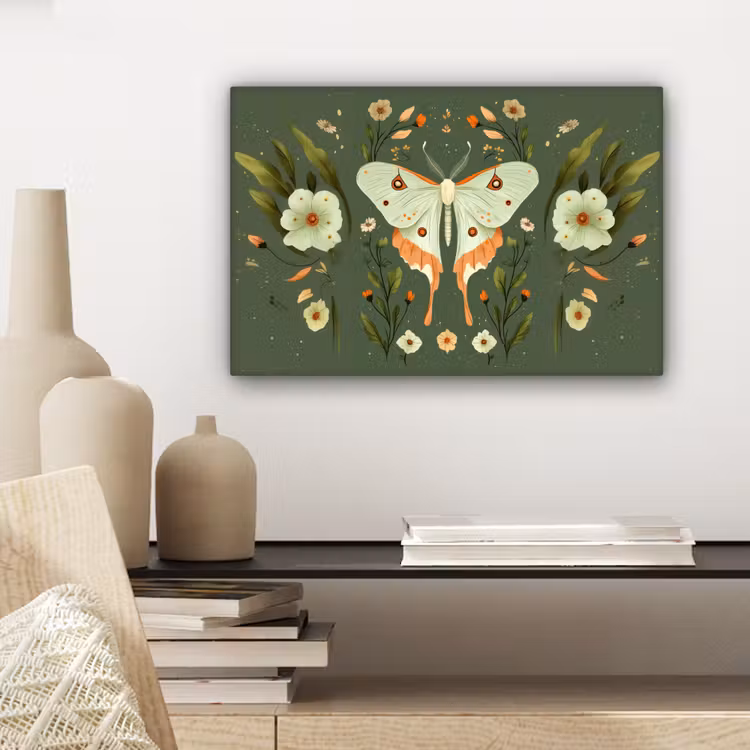 Bloemen - Bladeren - Olijfgroen - Vlinder canvas 2cm klein -sfeer6