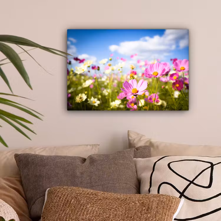 Bloemen - Wei - Paars - Gras - Wit - Wolken - Blauw canvas 2cm klein -sfeer1