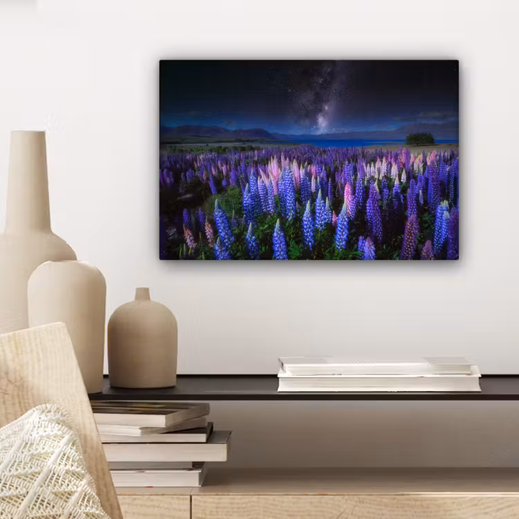 Bloemen - Nacht - Lupine - Sterrenhemel - Paars - Natuur canvas 2cm klein -sfeer6