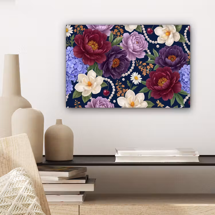 Bloemen - Parels - Decoratie - Modern - Blauw canvas 2cm klein -sfeer6