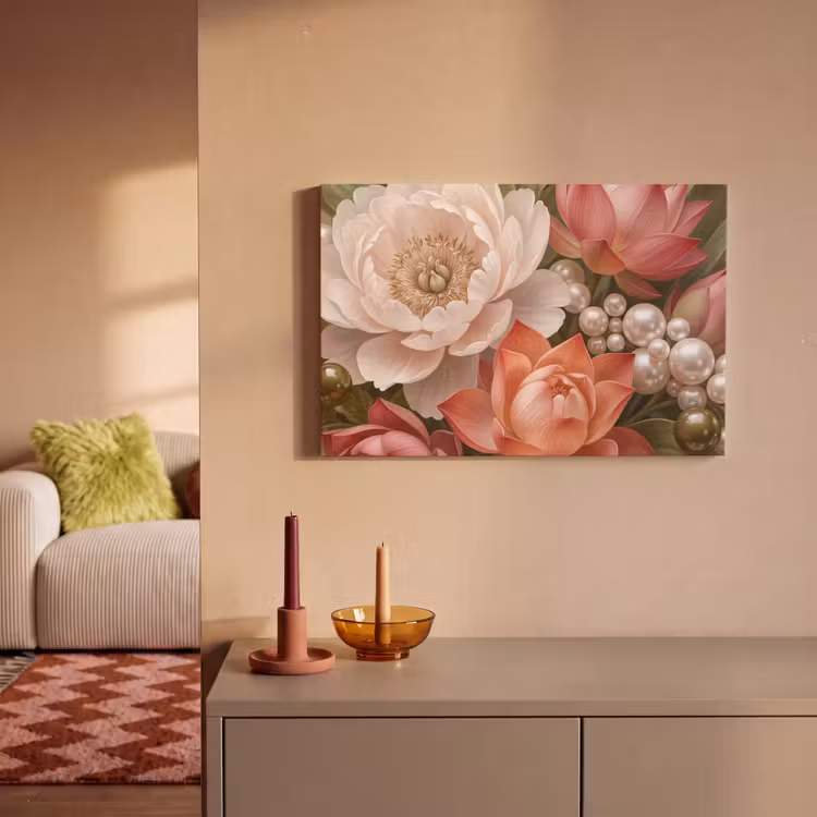 Bloemen - Parels - Elegant - Roze - Wit canvas 2cm klein -sfeer1