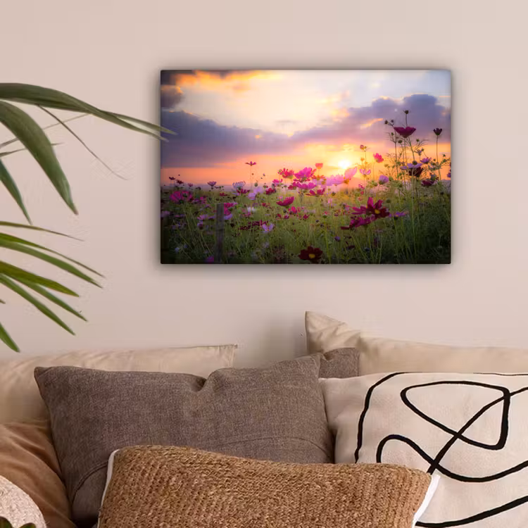 Bloemen - Roze - Zonsondergang - Natuur - Weide - Horizon canvas 2cm klein -sfeer1