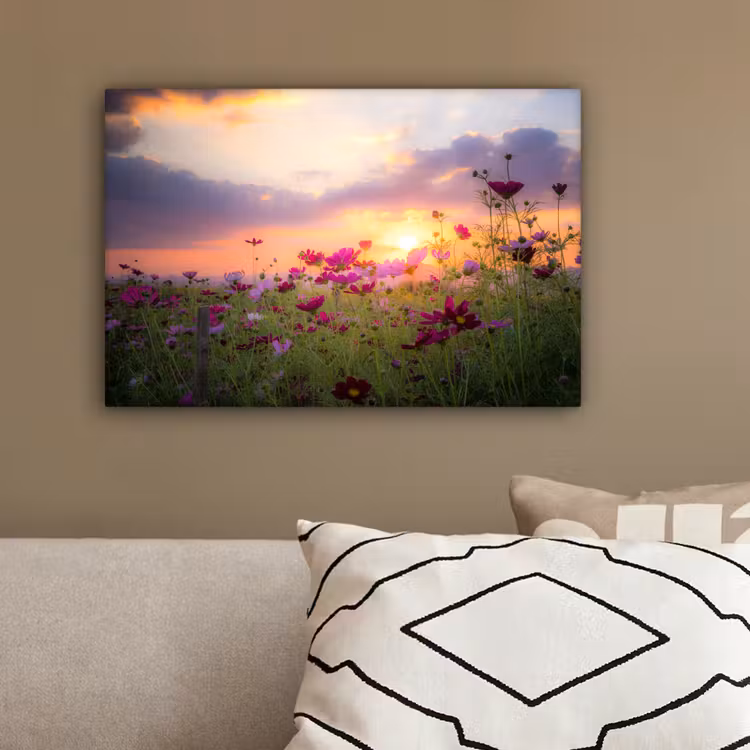 Bloemen - Roze - Zonsondergang - Natuur - Weide - Horizon canvas 2cm klein -sfeer3