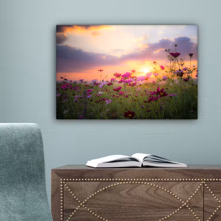 Bloemen - Roze - Zonsondergang - Natuur - Weide - Horizon canvas 2cm klein -sfeer4