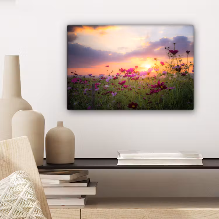 Bloemen - Roze - Zonsondergang - Natuur - Weide - Horizon canvas 2cm klein -sfeer6