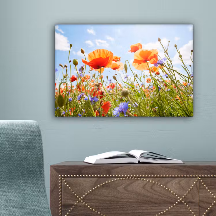 Bloemen - Klaproos - Lente - Natuur - Rood - Blauw canvas 2cm klein -sfeer4