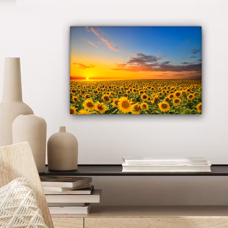 Bloemen - Zonnebloem - Zonsondergang - Nacht - Oranje canvas 2cm klein -sfeer6