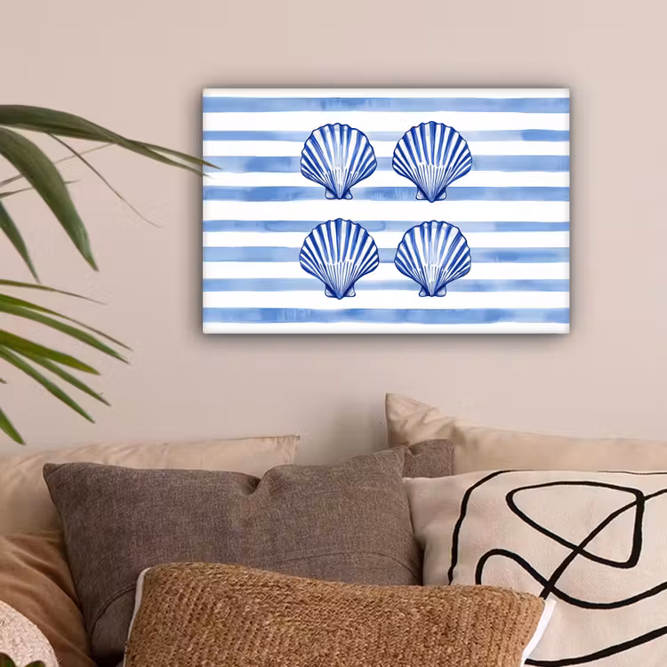 Vier schelpen - Blauw - Wit - Strepen canvas 2cm klein -sfeer1