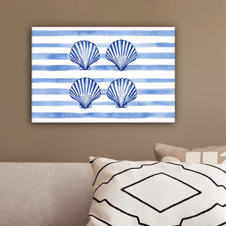 Vier schelpen - Blauw - Wit - Strepen canvas 2cm klein -sfeer3