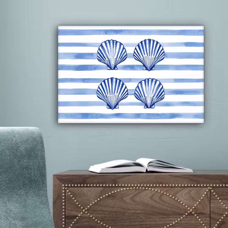 Vier schelpen - Blauw - Wit - Strepen canvas 2cm klein -sfeer4