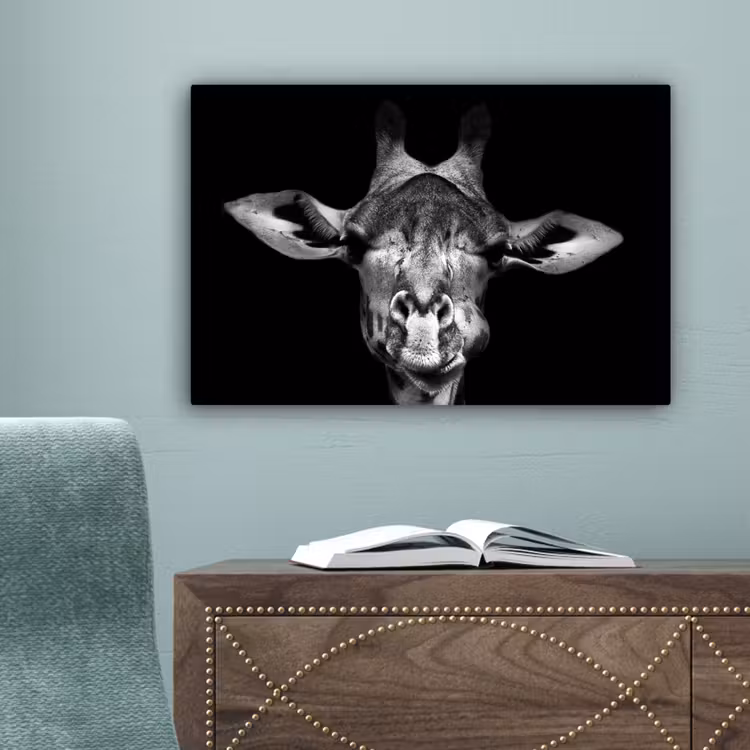 Giraffe - Portret - Dieren - Zwart - Wit canvas 2cm klein -sfeer4