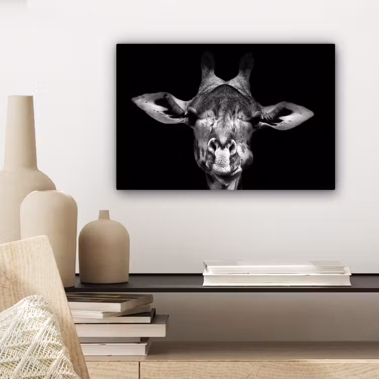 Giraffe - Portret - Dieren - Zwart - Wit canvas 2cm klein -sfeer6