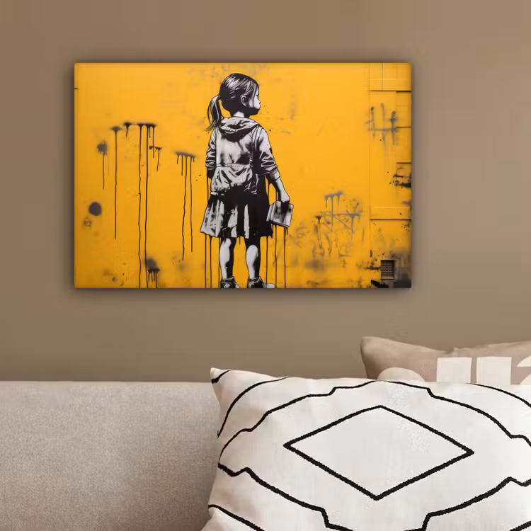 Meisje - Boek - Gele Muur - Graffiti canvas 2cm klein -sfeer3