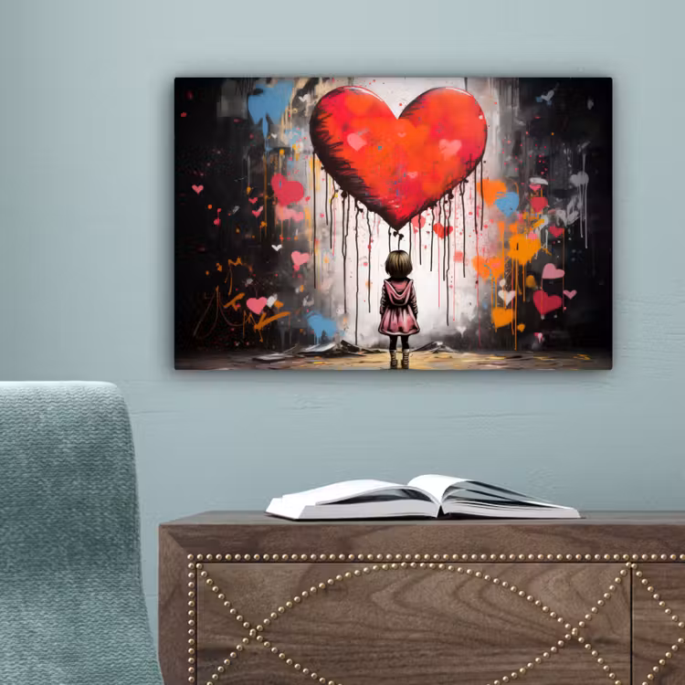 Meisje - Hart - Graffiti - Kunst - Kleuren - Rood canvas 2cm klein -sfeer4