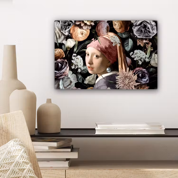 Meisje met de parel - Bloemen - Vermeer - Pastel - Kunstwerk - Schilderij - Oude meesters canvas 2cm klein -sfeer6