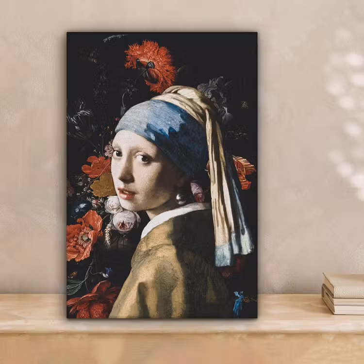 Meisje met de parel - Johannes Vermeer - Bloemen - Rood canvas 2cm klein -sfeer1
