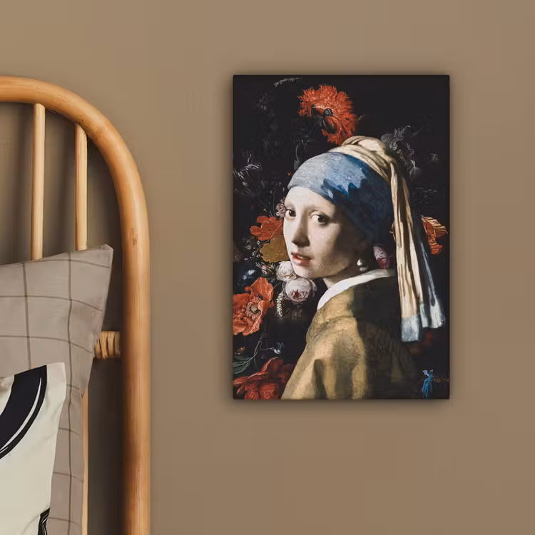 Meisje met de parel - Johannes Vermeer - Bloemen - Rood canvas 2cm klein -sfeer3