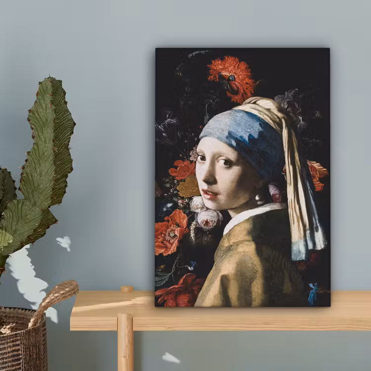 Meisje met de parel - Johannes Vermeer - Bloemen - Rood canvas 2cm klein -sfeer4