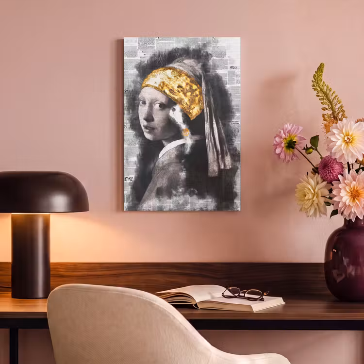 Meisje met de parel - Johannes Vermeer - Krant - Goud canvas 2cm klein -sfeer4