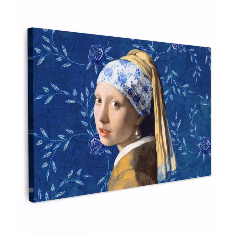Meisje met de parel - Delfts blauw - Vermeer - Bloemen - Schilderij - Oude meesters canvas 2cm klein -z3d