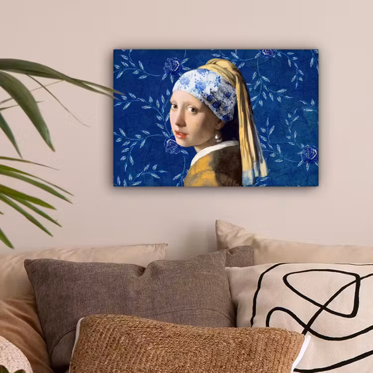 Meisje met de parel - Delfts blauw - Vermeer - Bloemen - Schilderij - Oude meesters canvas 2cm klein -sfeer1