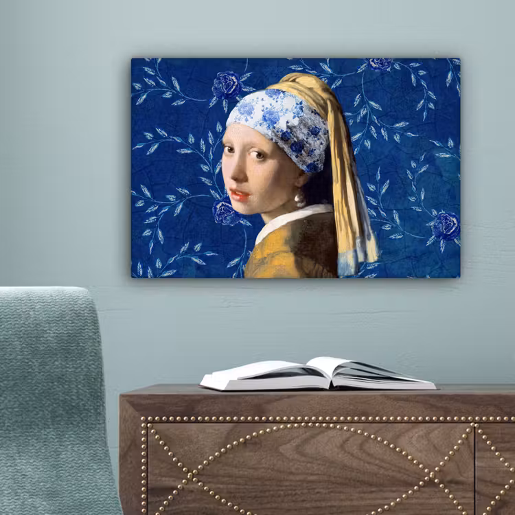 Meisje met de parel - Delfts blauw - Vermeer - Bloemen - Schilderij - Oude meesters canvas 2cm klein -sfeer4