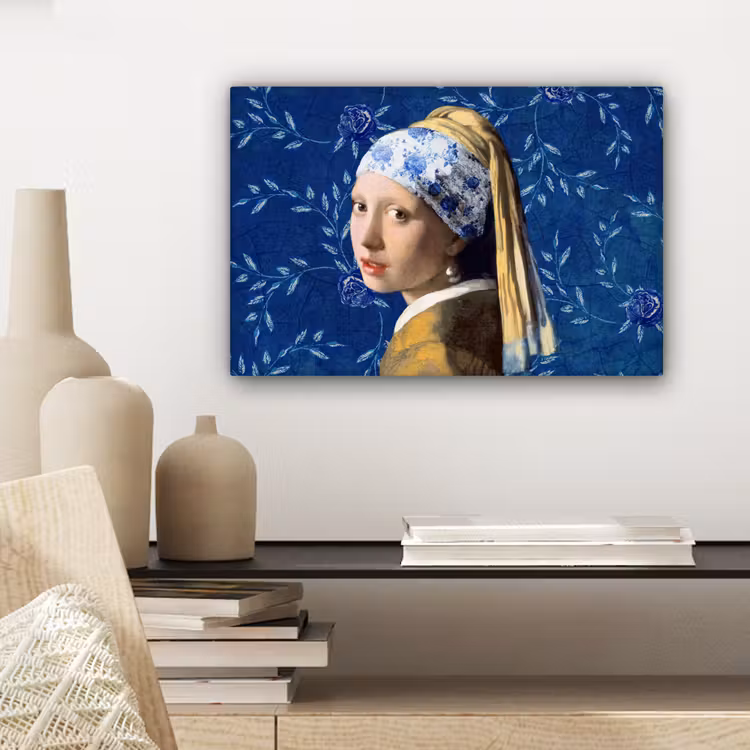 Meisje met de parel - Delfts blauw - Vermeer - Bloemen - Schilderij - Oude meesters canvas 2cm klein -sfeer6