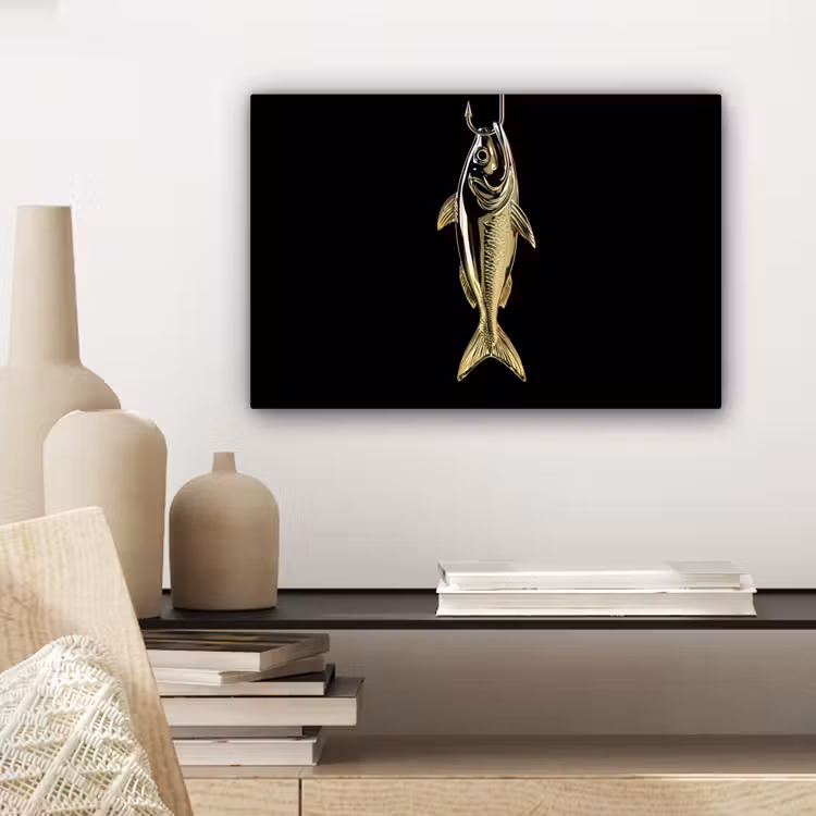 Goud - Vis - Haak - Zwart canvas 2cm klein -sfeer6