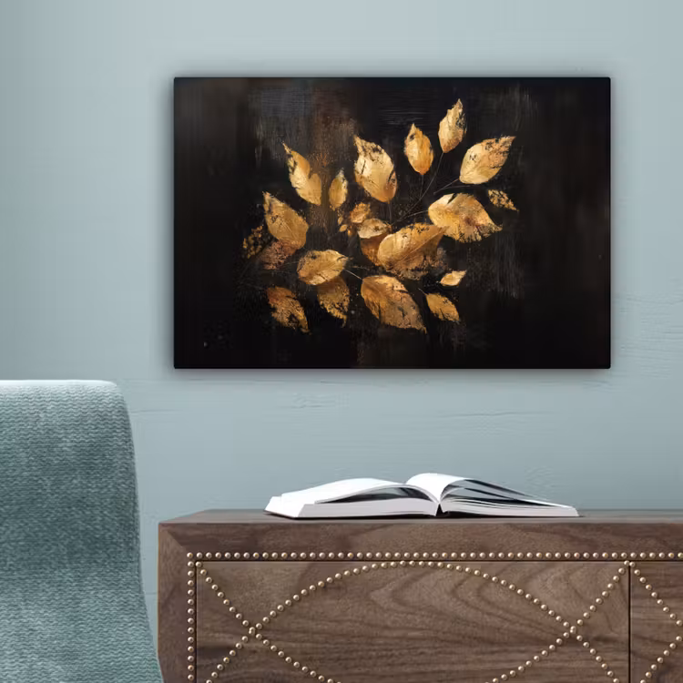 Gouden Bladeren op Donkere Achtergrond canvas 2cm klein -sfeer4