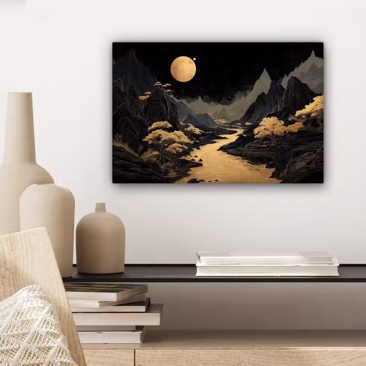 Gouden rivier - Bergen - Maan - Sterrenhemel canvas 2cm klein -sfeer6