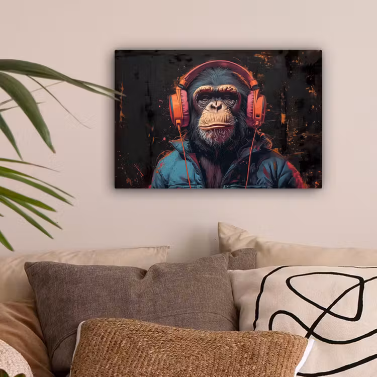 Graffiti - Chimpansee - Koptelefoon - Aap canvas 2cm klein -sfeer1