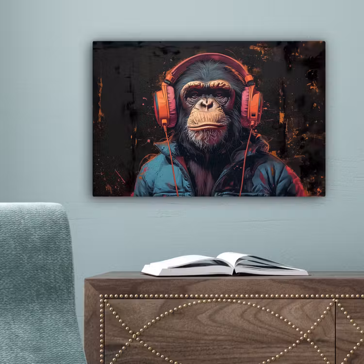 Graffiti - Chimpansee - Koptelefoon - Aap canvas 2cm klein -sfeer4