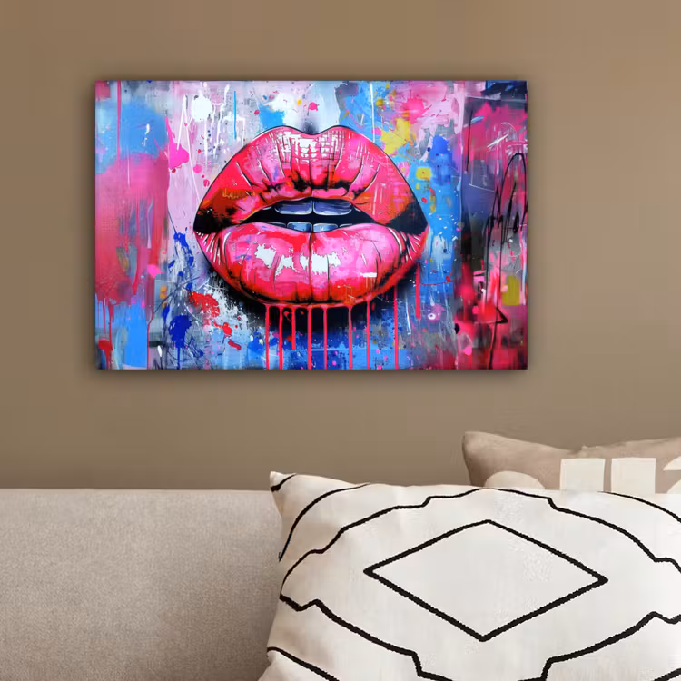Graffiti - Lippen - Felroze - Geschilderd canvas 2cm klein -sfeer3
