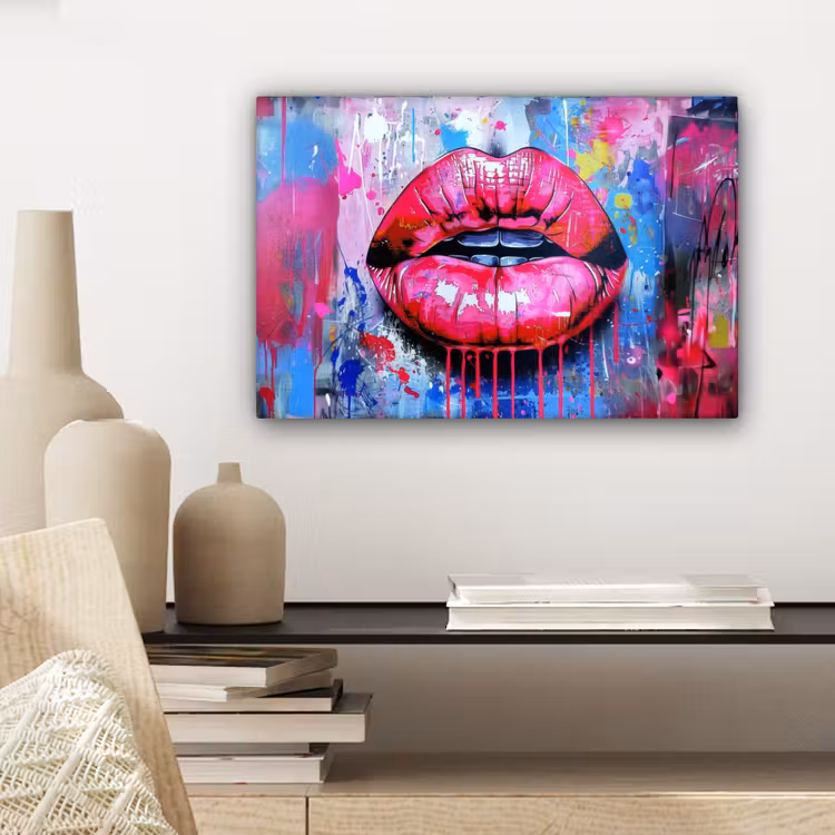 Graffiti - Lippen - Felroze - Geschilderd canvas 2cm klein -sfeer6