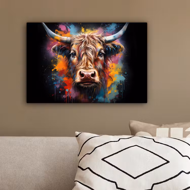 Graffiti - Schotse hooglander - Zwart - Koe canvas 2cm klein -sfeer3