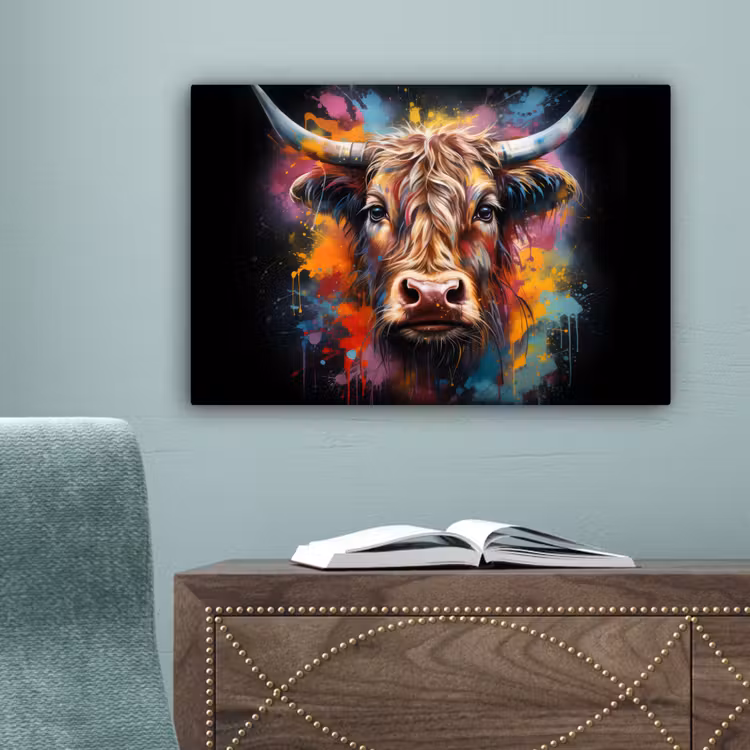 Graffiti - Schotse hooglander - Zwart - Koe canvas 2cm klein -sfeer4