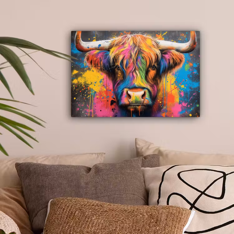 Graffiti - Schotse hooglander - Koe - Kleurrijk canvas 2cm klein -sfeer1