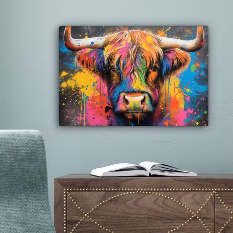 Graffiti - Schotse hooglander - Koe - Kleurrijk canvas 2cm klein -sfeer4