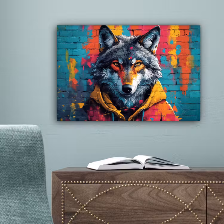 Graffiti - Wolf - Street art - Blauw canvas 2cm klein -sfeer4