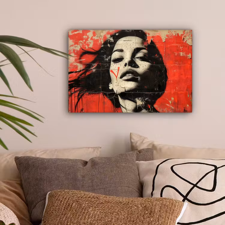 Graffiti - Vrouw - Rood - Street art - Banksy canvas 2cm klein -sfeer1
