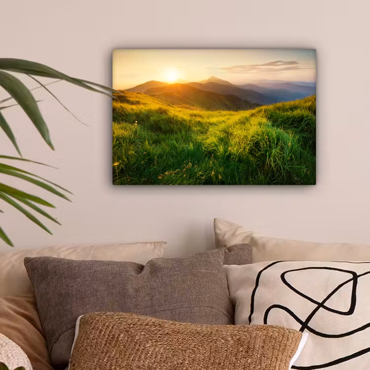 Gras - Heuvels - Zon - Natuur - Landschap canvas 2cm klein -sfeer1