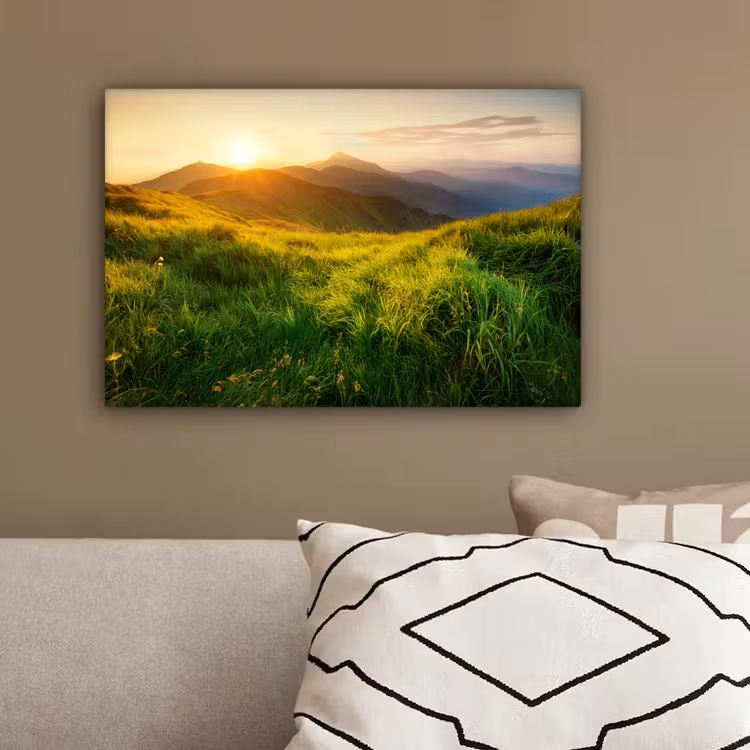 Gras - Heuvels - Zon - Natuur - Landschap canvas 2cm klein -sfeer3