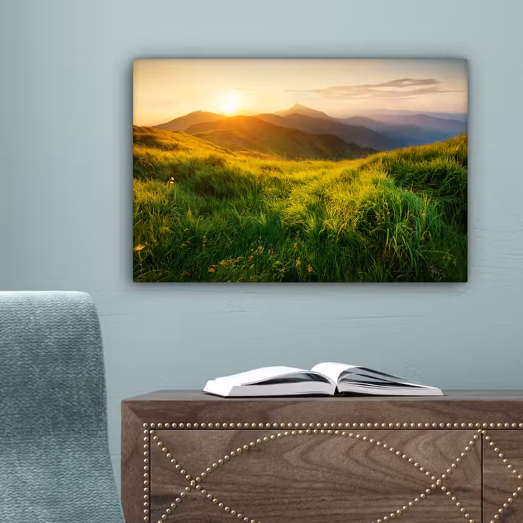 Gras - Heuvels - Zon - Natuur - Landschap canvas 2cm klein -sfeer4