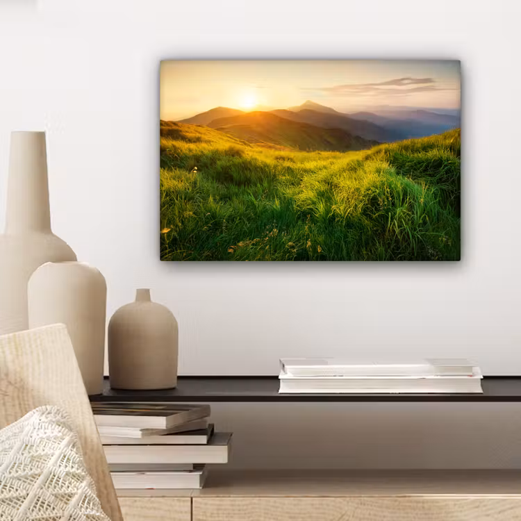 Gras - Heuvels - Zon - Natuur - Landschap canvas 2cm klein -sfeer6