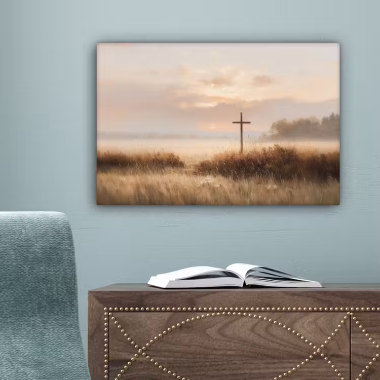 Gras - Ochtendnevel - Kruis - Christendom canvas 2cm klein -sfeer4