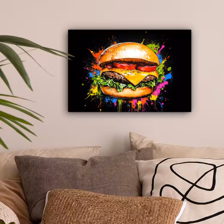 Hamburger - Graffiti - Verf - Kleurrijk - Eten - Abstract canvas 2cm klein -sfeer1