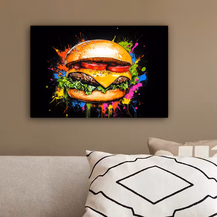 Hamburger - Graffiti - Verf - Kleurrijk - Eten - Abstract canvas 2cm klein -sfeer3