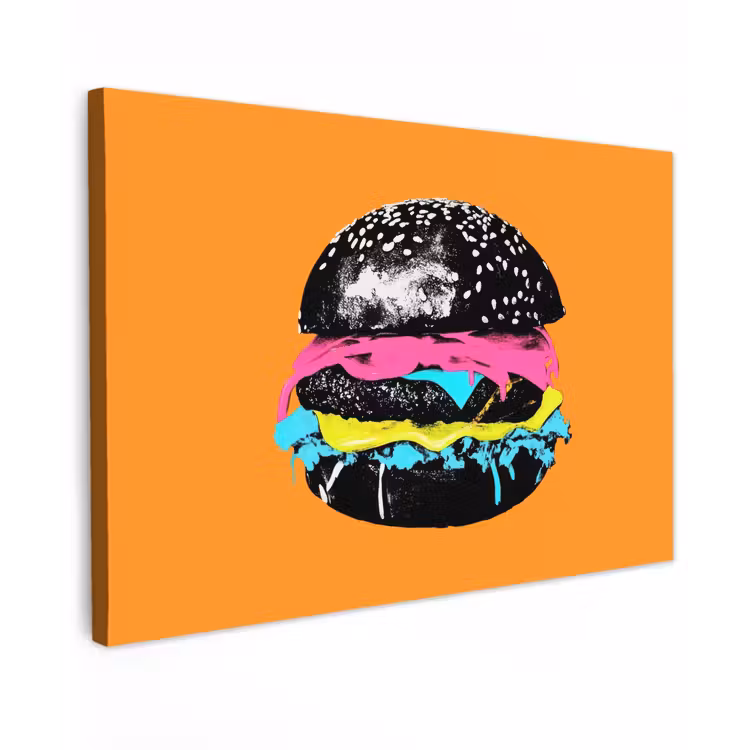 Hamburger - Oranje - Neon - popart canvas 2cm klein -z3d